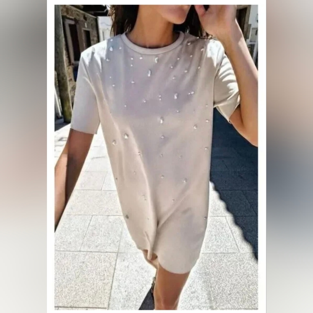 Zara Cream/beige mini dress with pearl details